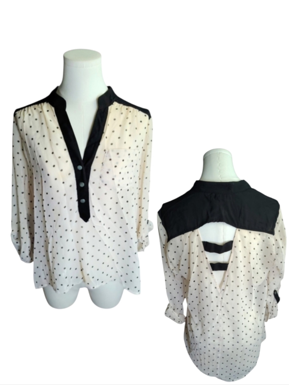 Vintage Heart Soul White Black Polka Dot Sheer Cuffed Sleeve Blouse Size Medium
